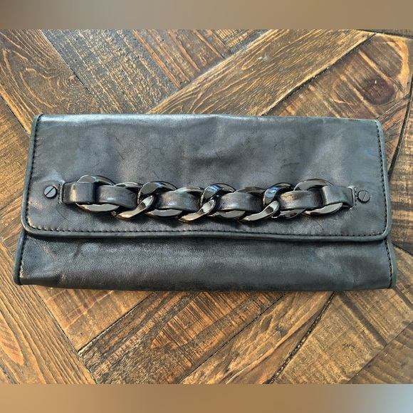 Michael Kors Leather Clutch, Grey Metallic, Gunmetal Chain Hardware - Picture 5 of 16